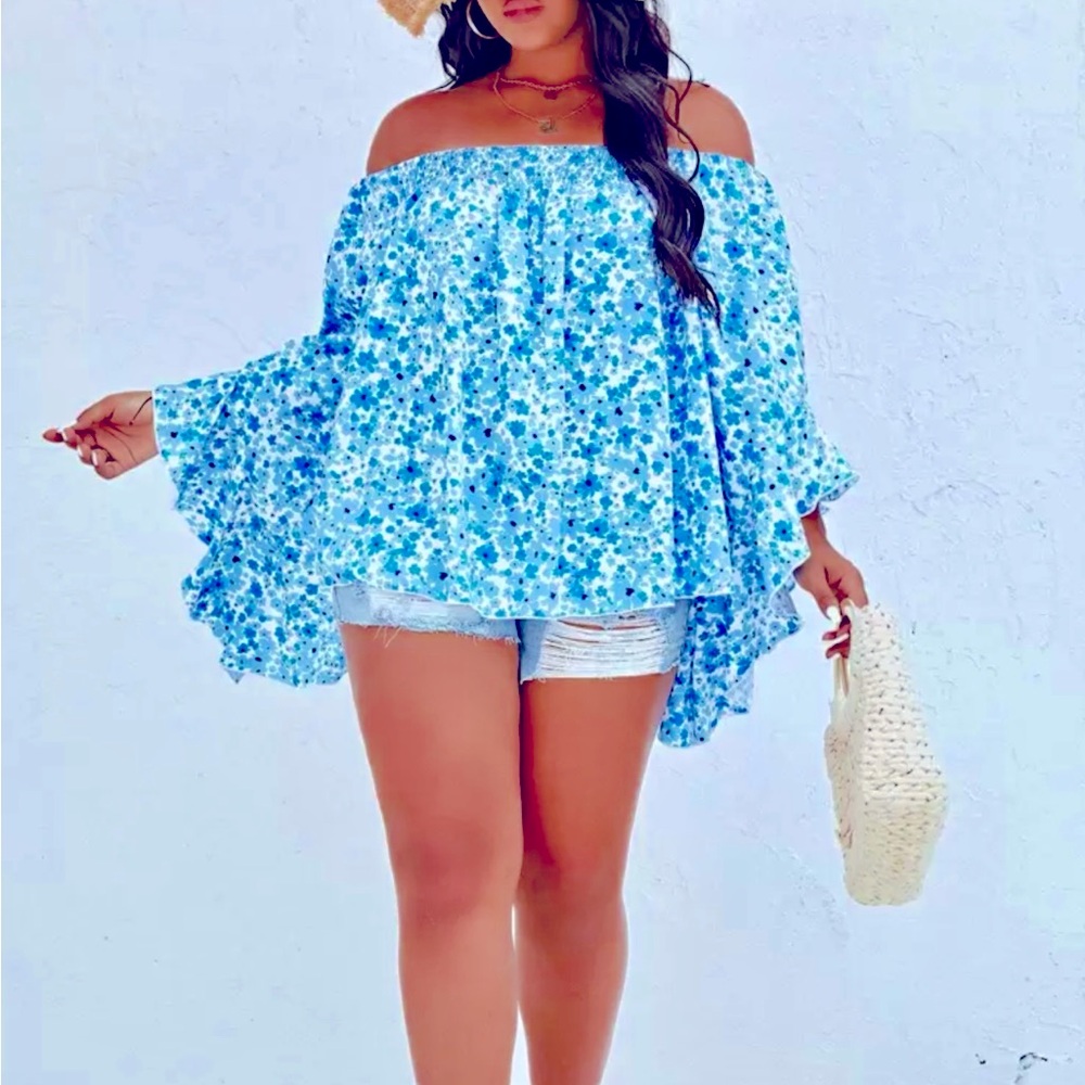 (NEW) SHEIN plus Floral Print Off Shoulder Flounce Sleeve Blouse size 1XL